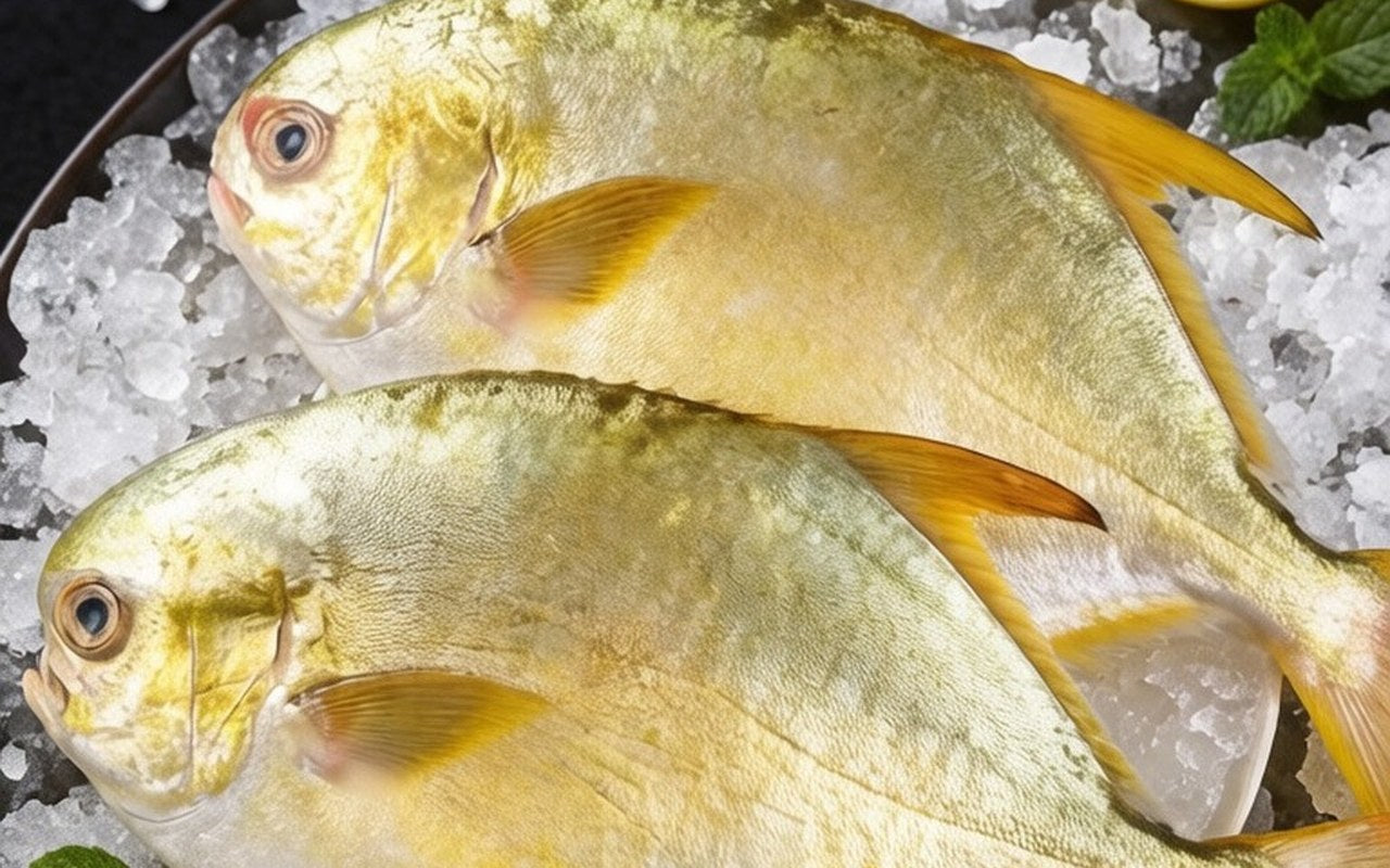 Whole golden pomfret resting on ice after landing